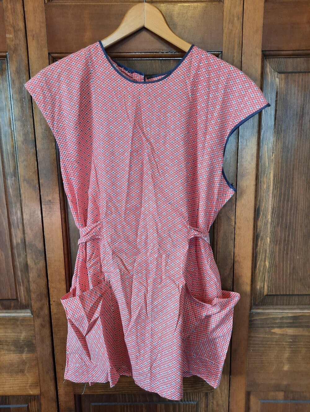 Vintage Retro Handmade Red Blue Pattern Full Homestead Smock Apron Pockets OS